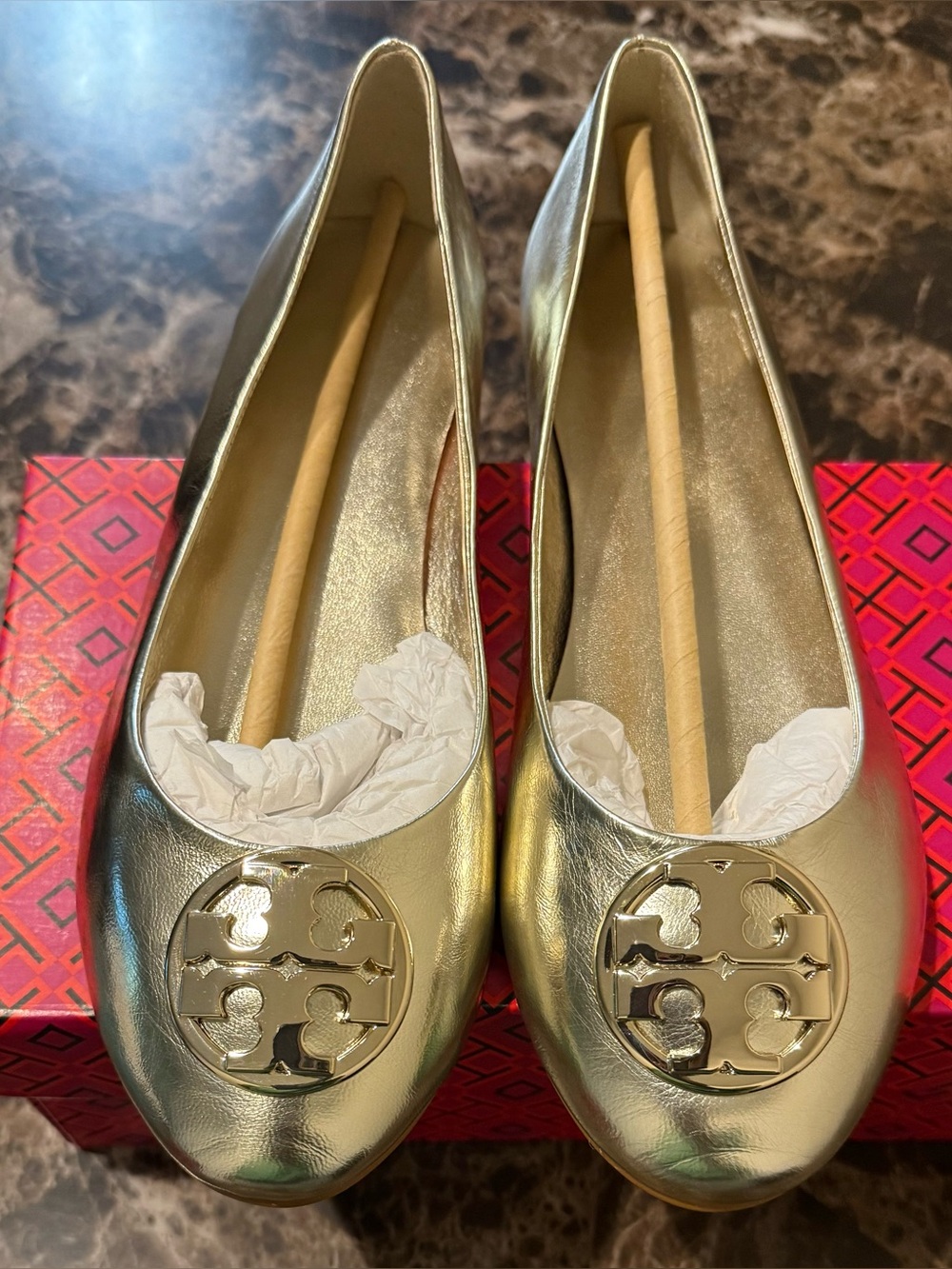 Tory Burch Metallic Gold Logo Ballet Flats